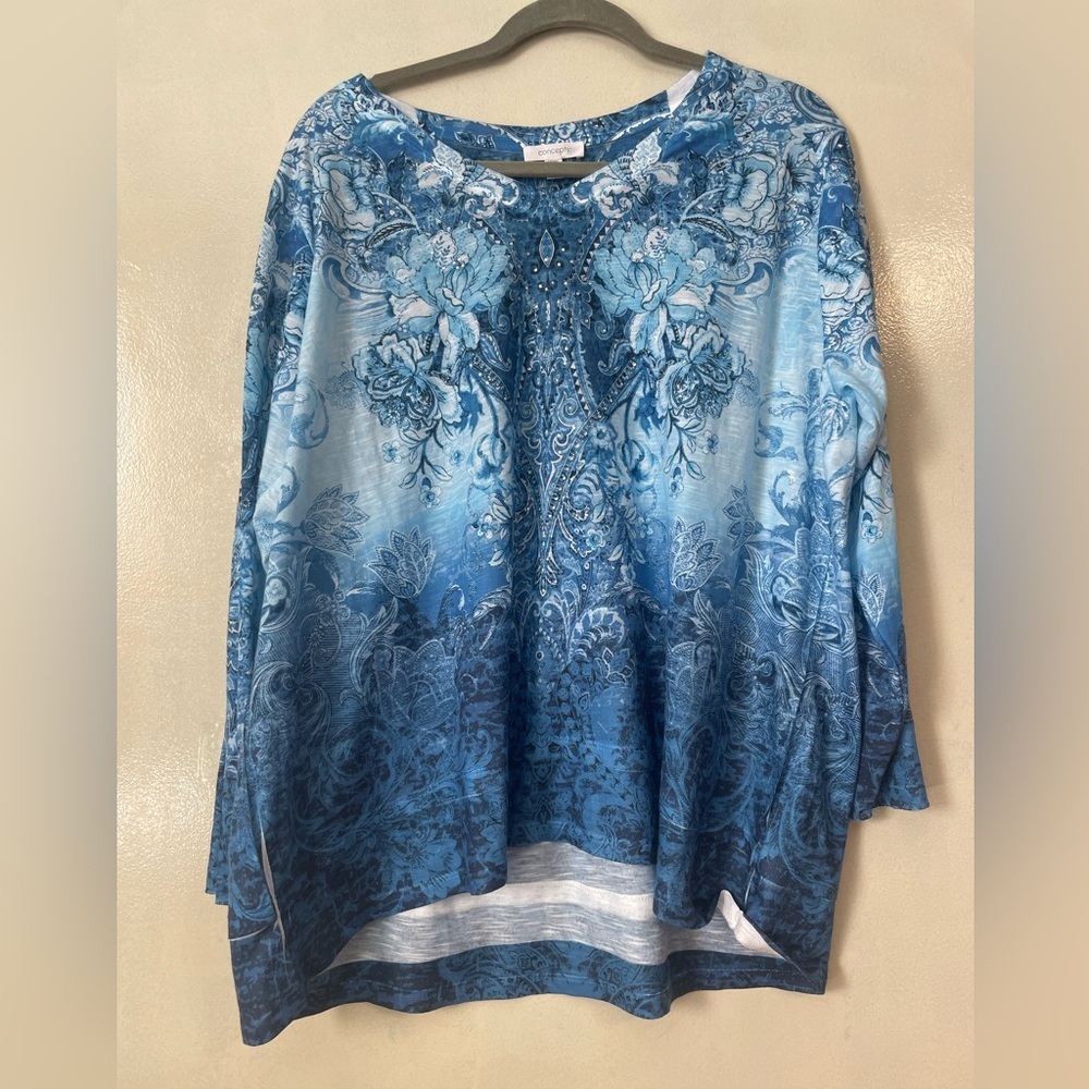 Concepts XXXL Y2K bejeweled long sleeve top blue floral artsy